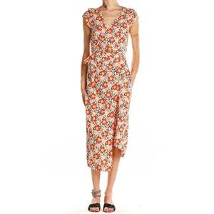 J.CREW Mercantile S Wrap Dress Floral Midi Short Sleeve Tie Red V-Neck A-Line